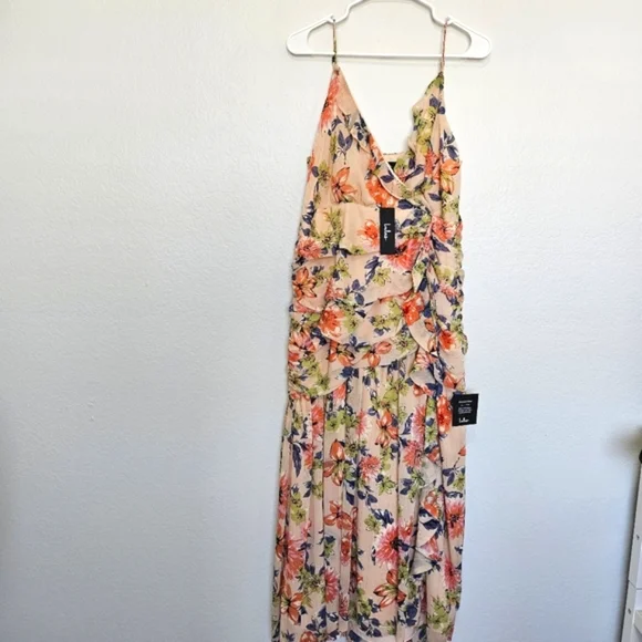 NWT Lulus | Stunning Soiree Blush Pink Floral Print Ruched Midi Dress Womens XL - Picture 5 of 10